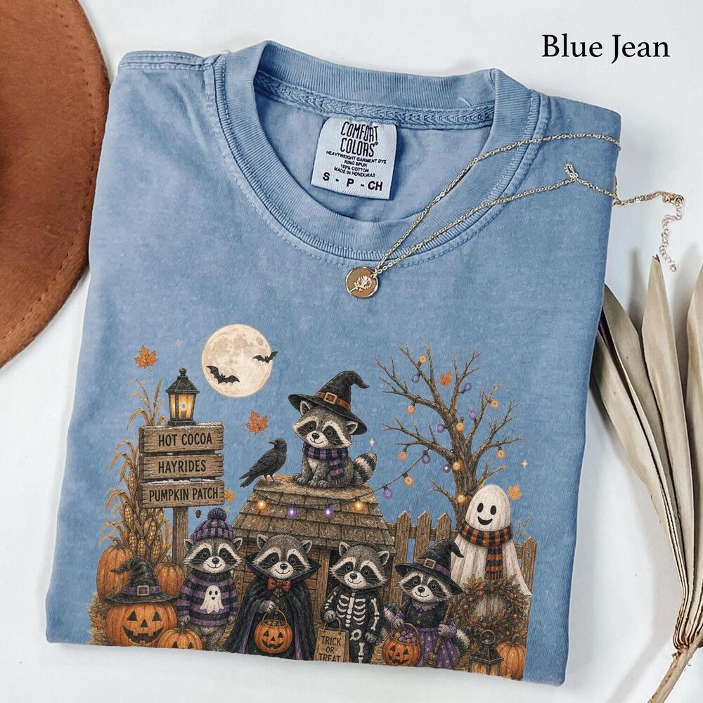 Hot Cocoa Hayrides Pumpkin Patch Shirt, Halloween Raccoon Shirt